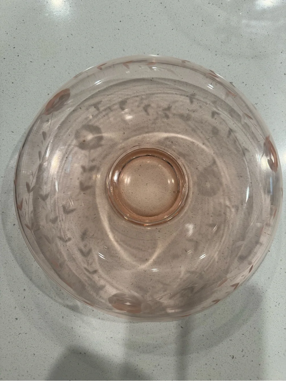 Pink Depression Glass Console Bowl with Etched Floral Details 11”